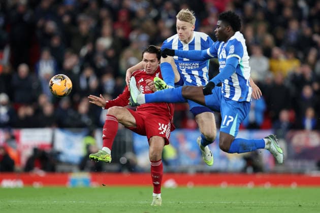 Liverpool v Brighton 14 February 2026, Liverpool - Emirates FA Cup, Fourth Round - Liverpool v Brighton & Hove Albion - Federico Chiesa of Liverpool, Jan Paul Van Hecke of Brighton & Hove Albion and Carlos Baleba of Brighton & Hove Albion - Photo: Charlotte Wilson Offside. Liverpool UK Copyright: xCharlottexWilsonx xOffsidexOffside