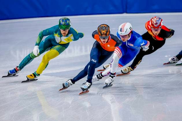 Jens van t Wout of the Netherlands and Brandon Kim of United States of America and Brendan Corey of Australia Men s 1500m Semifinals, Milano Cortina 2026 Winter Olympics: Day 8, Short Track Speed skating, Eisschnelllauf - Milano Cortina 2026 Winter Olympics: Day 8, Milano Speed Skating Stadium, February 14, 2026, Milan, Italy.