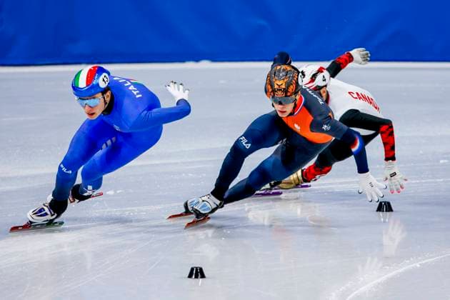 Jens van t Wout of the Netherlands and Thomas Nadalini of Italy and Steven Dubois of Canada Men s 1500m Semifinals, Milano Cortina 2026 Winter Olympics: Day 8, Short Track Speed skating, Eisschnelllauf - Milano Cortina 2026 Winter Olympics: Day 8, Milano Speed Skating Stadium, February 14, 2026, Milan, Italy.