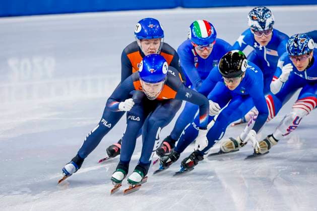 Xandra Velzeboer of the Netherlands and Michelle Velzeboer of the Netherlands and Arianna Fontana of Italy Women s 3000m Relay Semifinals, Milano Cortina 2026 Winter Olympics: Day 8, Short Track Speed skating, Eisschnelllauf - Milano Cortina 2026 Winter Olympics: Day 8, Milano Speed Skating Stadium, February 14, 2026, Milan, Italy.