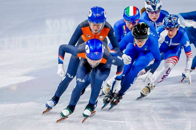 Xandra Velzeboer of the Netherlands and Michelle Velzeboer of the Netherlands and Arianna Fontana of Italy Women s 3000m Relay Semifinals, Milano Cortina 2026 Winter Olympics: Day 8, Short Track Speed skating, Eisschnelllauf - Milano Cortina 2026 Winter Olympics: Day 8, Milano Speed Skating Stadium, February 14, 2026, Milan, Italy.