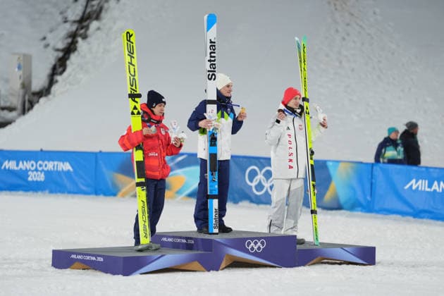 Milano Cortina 2026 Olympic Winter games, Winterspiele,Spiele, Summer games MILAN, ITALY - FEBRUARY 14: Slovenian athlete Domen Prevc (C) wins gold medal, Japanese athlete Ren Nikaido (L) wins silver medal and Polish athlete Kacper Tomasiak (R) wins bronze medal in the men’s large hill Ski jumping, Skispringen, Ski, nordisch event during the Milano-Cortina 2026 Winter Olympic Games, Olympische Spiele, Olympia, OS in Milan, Italy, on February 14, 2026. Cemal Yurttas Anadolu Milan Italy. Editorial use only. Please get in touch for any other usage.  Copyright: x2026xAnadoluxCemalxYurttasx