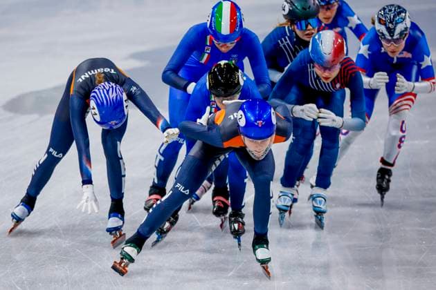 Xandra Velzeboer of the Netherlands and Arianna Fontana of Italy and Cloe Ollivier of France and Michelle Velzeboer of the Netherlands Women s 3000m Relay Semifinals, Milano Cortina 2026 Winter Olympics: Day 8, Short Track Speed skating, Eisschnelllauf - Milano Cortina 2026 Winter Olympics: Day 8, Milano Speed Skating Stadium, February 14, 2026, Milan, Italy.