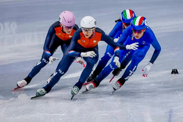 Zoe Florence Deltrap of the Netherlands and Selma Poutsma of the Netherlands and Elisa Confortola of Italy Women s 3000m Relay Semifinals, Milano Cortina 2026 Winter Olympics: Day 8, Short Track Speed skating, Eisschnelllauf - Milano Cortina 2026 Winter Olympics: Day 8, Milano Speed Skating Stadium, February 14, 2026, Milan, Italy.