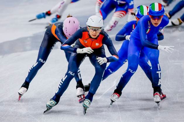 Zoe Florence Deltrap of the Netherlands and Selma Poutsma of the Netherlands and Elisa Confortola of Italy Women s 3000m Relay Semifinals, Milano Cortina 2026 Winter Olympics: Day 8, Short Track Speed skating, Eisschnelllauf - Milano Cortina 2026 Winter Olympics: Day 8, Milano Speed Skating Stadium, February 14, 2026, Milan, Italy.