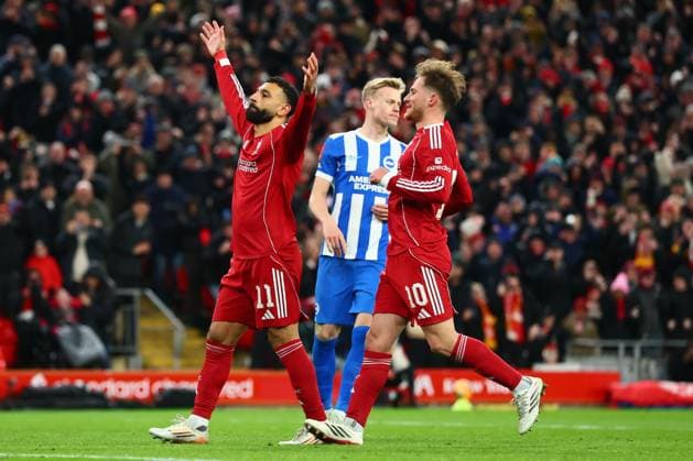 Mohamed Salah of Liverpool scores to make it 3-0 and celebrates Liverpool v Brighton and Hove Albion, Emirates FA Cup, Fourth Round, Football, Anfield, Liverpool, UK - 14 Feb 2026Liverpool Anfield United Kingdom EDITORIAL USE ONLY No use with unauthorised audio, video, data, fixture lists, club league logos or live services. Online in-match use limited to 120 images, no video emulation. No use in betting, games or single club league player publications. Copyright: xPaulxCurrie Shutterstockx 16608525av