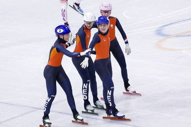 MILAN , 14-02-2026 , Milano Ice Skating Arena , season 2025 2026 , Olympic Winter games, Winterspiele,Spiele, Summer games 2026 - Short Track Short Track 14-02, Picture shows relay women semifinal Netherlands Michelle Velzeboer Xandra Velzeboer Selma Poutsma Zoe Beltrap Olympic Winter Games 2026 - Short Track Short Track 14-02  x201600914x Copyright: