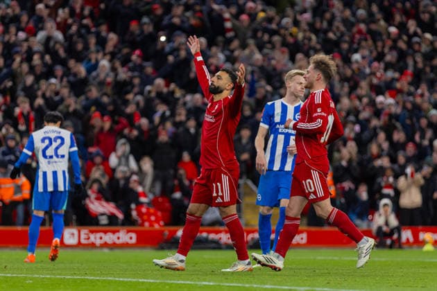 Football - FA Cup - 4th Round - Liverpool FC v Brighton & Hove Albion FC LIVERPOOL, ENGLAND - Saturday, February 14, 2026: Liverpool s Mohamed Salah celebrates after scoring the third goal during the FA Cup 4th Round match between Liverpool FC and Brighton & Hove Albion at Anfield. (Photo by David Rawcliffe Propaganda) LIVERPOOL Anfield MERSEYSIDE ENGLAND  Copyright: xPropagandaxPhotoxAgencyx P2026-02-14-Liverpool_Brighton-106