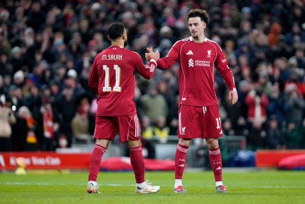 Liverpool v Brighton and Hove Albion, Liverpool, UK - 14 Feb 2026 Goal celebrations for Mohamed Salah of Liverpool and Curtis Jones of Liverpool during the Emirates FA Cup match between Liverpool and Brighton and Hove Albion at Anfield, Liverpool on 14 February 2026 ( Liverpool Anfield Liverpool England Copyright: xHarryxCornish PPAUKx PPA-248567