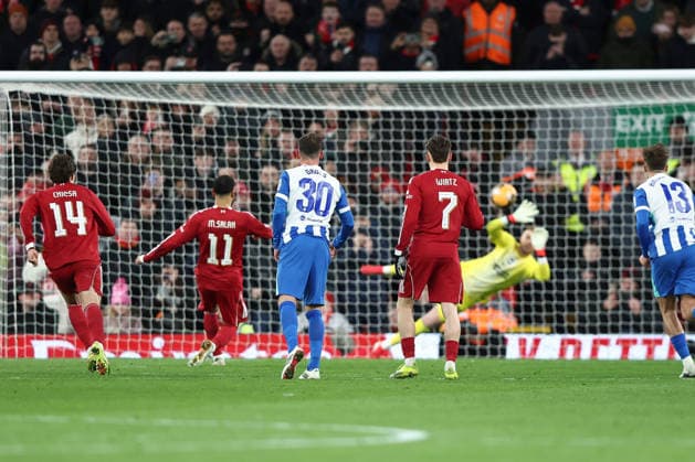 Liverpool v Brighton & Hove Albion, Emirates FA Cup Mohamed Salah of Liverpool scores a penalty, 3-0, during the Liverpool v Brighton & Hove Albion Emirates FA Cup 4th Round match at Anfield, Liverpool, England on 14 February 2026 Credit: Ian Stephen Every Second Media Editorial use only. All images are copyright Every Second Media Limited. No images may be reproduced without prior permission. All rights reserved. Premier League and Football League images are subject to licensing agreements with Football DataCo Limited. see https: www.football-dataco.com Copyright: xIMAGO EveryxSecondxMediax ESM-1800-0063 IanxStephenx xEveryxSecondxMediax