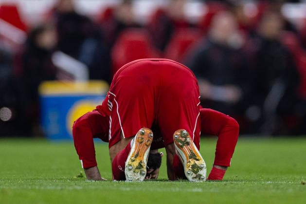 Football - FA Cup - 4th Round - Liverpool FC v Brighton & Hove Albion FC LIVERPOOL, ENGLAND - Saturday, February 14, 2026: Liverpool s Mohamed Salah knees to pray as he celebrates after scoring the third goal during the FA Cup 4th Round match between Liverpool FC and Brighton & Hove Albion at Anfield. (Photo by David Rawcliffe Propaganda) LIVERPOOL Anfield MERSEYSIDE ENGLAND  Copyright: xPropagandaxPhotoxAgencyx P2026-02-14-Liverpool_Brighton-111