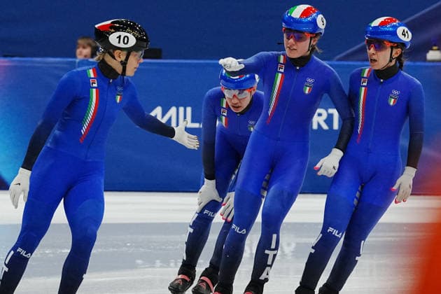 Short track women™s 3000 mt relay Betti Chiara , Confortola Elisa , Arianna Fontana , SIGHEL Arianna, IORIATTI Gloria from Italy, at the 2026 Winter Olympics, Milan, Italy, Thursday, Feb. 14, 2026. (Gian Mattia D Alberto LaPresse)  Copyright: xGianxMattiaxD Alberto LaPressex
