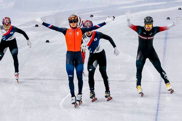 winner Jens van t Wout of the Netherlands and Roberts Kruzbergs of Latvia celebrates after Men s 1500m Finals, Milano Cortina 2026 Winter Olympics: Day 8, Short Track Speed skating, Eisschnelllauf - Milano Cortina 2026 Winter Olympics: Day 8, Milano Speed Skating Stadium, February 14, 2026, Milan, Italy.