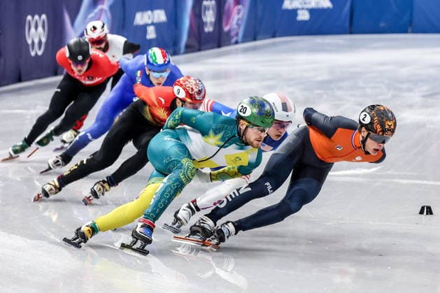 ITALY, MILAN - FEBRUARY 14, 2026: Jens van t Wout of the Netherlands, Corey Brendan of Australia (R-L front), Brandon Kim of the US and Sun Long (R-L back) of China compete in the men s 1,500m short-track Speed skating, Eisschnelllauf semifinals during the 2026 Winter Olympic Games, Olympische Spiele, Olympia, OS at the Milano Ice Skating Arena 2026 Winter Olympics: Short-Track Speed Skating  - ZUMAt113 20260214_zaa_t113_410 Copyright: xPeterxKovalevx