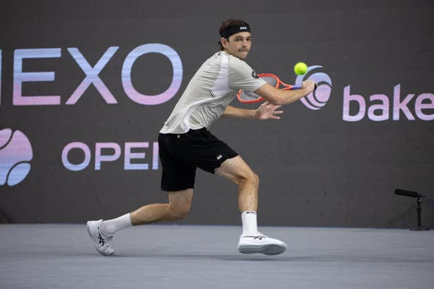 February 14, 2026, Frisco, Texas, USA: TAYLOR FRITZ (USA) uses a backhand during a menÃ¢â‚¬â ¢s singles semifinal match at the 2026 Nexo Dallas Open at The Ford Center at The Star in Frisco, Texas. Taylor Fritz advances to the championship match after defeating Marin Cilic, 7:6, 7:6. Frisco USA - ZUMAh193 20260214_zsp_h193_012 Copyright: xDanielxMcGregor-Huyerx