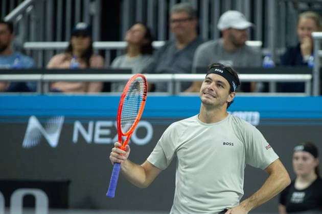 February 14, 2026, Frisco, Texas, USA: TAYLOR FRITZ (USA) reacts during a menÃ¢â‚¬â ¢s singles semifinal match at the 2026 Nexo Dallas Open at The Ford Center at The Star in Frisco, Texas. Taylor Fritz advances to the championship match after defeating Marin Cilic, 7:6, 7:6. Frisco USA - ZUMAh193 20260214_zsp_h193_025 Copyright: xDanielxMcGregor-Huyerx