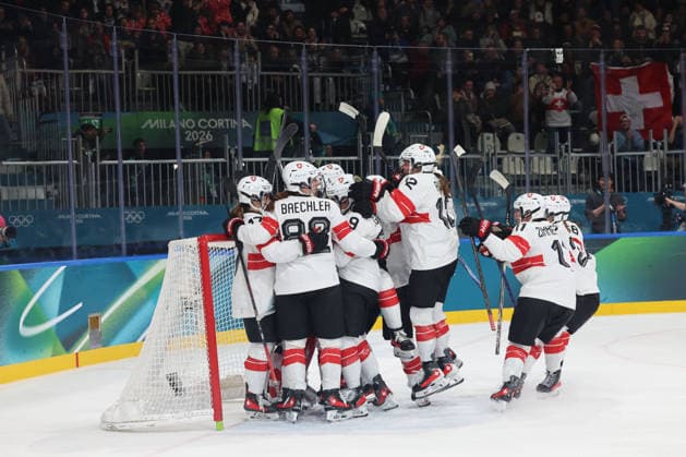 February 14, 2026, Milan, Lombardy, Italy: Team Switzerland celebrates their win over Team Finland in a women s Ice hockey, Eishockey quarterfinal during the Milano Cortina 2026 Olympic Winter games, Winterspiele,Spiele, Summer games at Milano Rho Ice Hockey Arena. Olympics 2026: Milano Cortina: Ice Hockey-Women Quarterfinal - FIN-SUI  - ZUMAm117 20260214_oly_m117_024 Copyright: xDavidxMcIntyrex