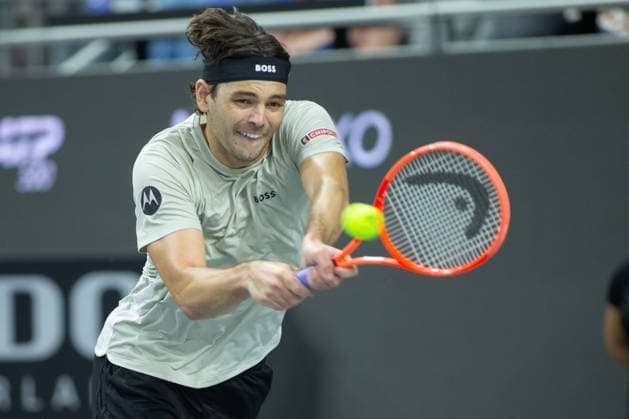 February 14, 2026, Frisco, Texas, USA: TAYLOR FRITZ (USA) dives for the ball during a menÃ¢â‚¬â ¢s singles semifinal match at the 2026 Nexo Dallas Open at The Ford Center at The Star in Frisco, Texas. Taylor Fritz advances to the championship match after defeating Marin Cilic, 7:6, 7:6. Tennis 2026: Dallas Open: Taylor Fritz 7:6, 7:6 Marin Cilic  - ZUMAh193 20260214_zsp_h193_037 Copyright: xDanielxMcGregor-Huyerx