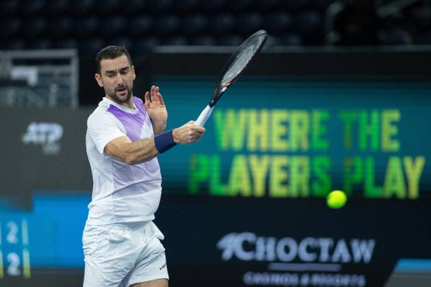 February 14, 2026, Frisco, Texas, USA: MARIN CILIC (CRO) hits the ball during a menÃ¢â‚¬â ¢s singles semifinal match at the 2026 Nexo Dallas Open at The Ford Center at The Star in Frisco, Texas. Taylor Fritz advances to the championship match after defeating Marin Cilic, 7:6, 7:6. Tennis 2026: Dallas Open: Taylor Fritz 7:6, 7:6 Marin Cilic  - ZUMAh193 20260214_zsp_h193_052 Copyright: xDanielxMcGregor-Huyerx