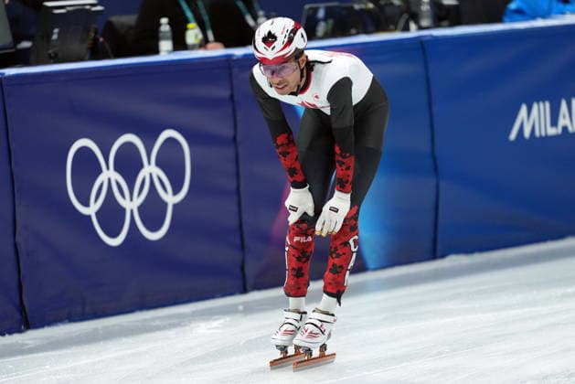 February 14, 2026, Milan, ITALY: Canada s William Dandjinou reacts after not placing in the Men s 1500m Short Track Speed skating, Eisschnelllauf final during the 2026 Milan Cortina Winter Olympics in Milan, Italy on Saturday, February 14, 2026. Canada News - February 14, 2026  - ZUMAc35_ 20260214_zaf_c35_201 Copyright: xNathanxDenettex