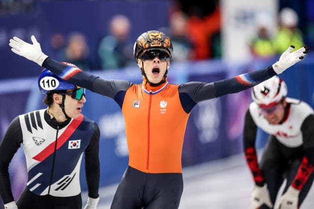 ITALY, MILAN - FEBRUARY 14, 2026: Jens van t Wout of the Netherlands celebrates winning Final A of the men s 1,500m short-track Speed skating, Eisschnelllauf event during the 2026 Winter Olympic Games, Olympische Spiele, Olympia, OS at the Milano Ice Skating Arena. Peter Kovalev TASS  88719867