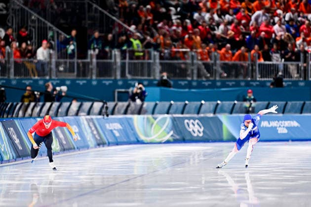 Zach STOPPELMOOR (USA) vs Nil LLOP IZQUIERDO (ESP), during Speed skating, Eisschnelllauf Men s 500m, Speed Skating, at the Olympic Winter games, Winterspiele,Spiele, Summer games Milano Cortina 2026, at Milano Speed Skating Stadium, on February 14, 2026 in Milan, Italy. Noxthirdxpartyxsales  aflo_319870895