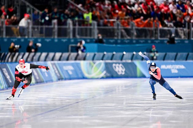 Kyung-Min KOO (KOR) vs Anders JOHNSON (CAN), during Speed skating, Eisschnelllauf Men s 500m, Speed Skating, at the Olympic Winter games, Winterspiele,Spiele, Summer games Milano Cortina 2026, at Milano Speed Skating Stadium, on February 14, 2026 in Milan, Italy. Noxthirdxpartyxsales  aflo_319872172