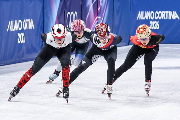ITALY, MILAN - FEBRUARY 14, 2026: Kim Boutin of Canada, Michelle Velzeboer of the Netherlands, Lee So-yeon of South Korea and Yang Jingru (L-R) of China compete in the women s 3,000m short-track Speed skating, Eisschnelllauf relay semifinals during the 2026 Winter Olympic Games, Olympische Spiele, Olympia, OS at the Milano Ice Skating Arena. Peter Kovalev TASS  88720836