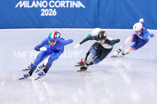 Winter Olympics - Short Track Speed skating, Eisschnelllauf Men 1500M SPECHENHAUSER Luca of Italy and SHIN Dong Min of Republic of Korea compete during the final of the short track speed skating men s 1500m during the Milano Cortina 2026 Winter Olympic Games, Olympische Spiele, Olympia, OS at Milano Ice Skating Arena in Milan, Italy on February 14, 2026. Photo by Alexis Jumeau ABACAPRESS.COM Milan Italy  Copyright: xJumeauxAlexis ABACAx