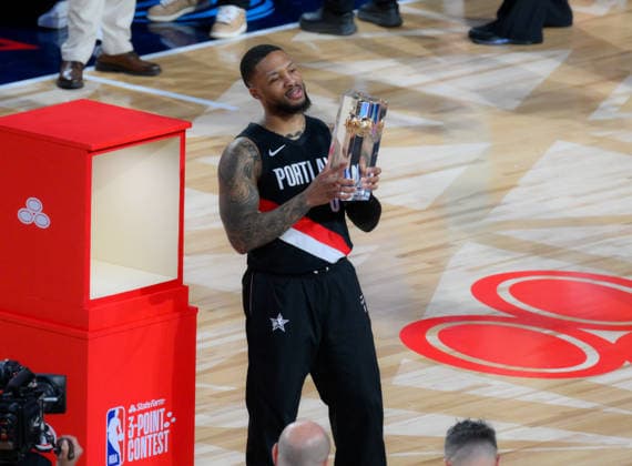 2026 NBA, Basketball Herren, USA All-Star - State Farm 3-Point Contest LOS ANGELES, CA - FEBRUARY 14: Damian Lillard (0) of the Portland Trail Blazers shoots a three point basket during the State Farm 3-Point Contest as part of the 2026 NBA All-Star Weekend on February 14, 2026 at Intuit Dome in Inglewood, California. Tayfun Coskun Anadolu California United States. Editorial use only. Please get in touch for any other usage.  Copyright: x2026xAnadoluxTayfunxCoskunx