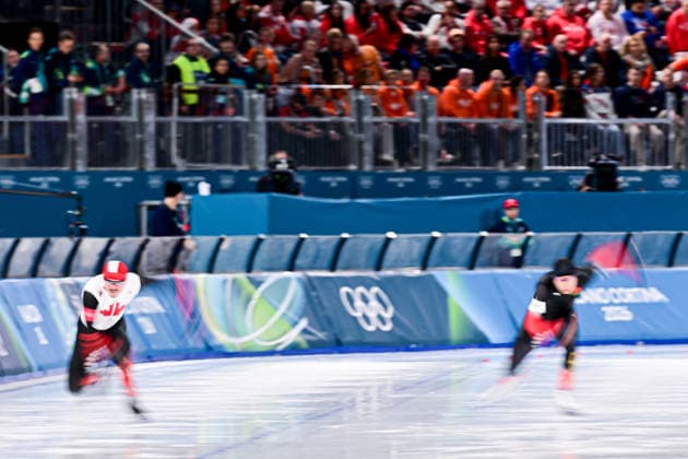 Ziwen LIAN (CHN) vs Cedrick BRUNET (CAN), during Speed skating, Eisschnelllauf Men s 500m, Speed Skating, at the Olympic Winter games, Winterspiele,Spiele, Summer games Milano Cortina 2026, at Milano Speed Skating Stadium, on February 14, 2026 in Milan, Italy. Noxthirdxpartyxsales  aflo_319873232