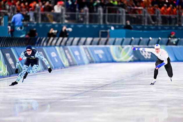 Marten LIIV (EST) vs Yevgeniy KOSHKIN (KAZ), during Speed skating, Eisschnelllauf Men s 500m, Speed Skating, at the Olympic Winter games, Winterspiele,Spiele, Summer games Milano Cortina 2026, at Milano Speed Skating Stadium, on February 14, 2026 in Milan, Italy. Noxthirdxpartyxsales  aflo_319874952