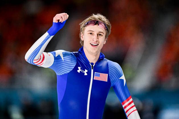 Jordan STOLZ (USA) vs Jenning de BOO (NED), during Speed skating, Eisschnelllauf Men s 500m, Speed Skating, at the Olympic Winter games, Winterspiele,Spiele, Summer games Milano Cortina 2026, at Milano Speed Skating Stadium, on February 14, 2026 in Milan, Italy. Noxthirdxpartyxsales  aflo_319875947