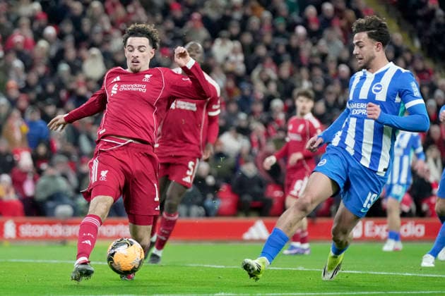 Liverpool v Brighton and Hove Albion, Liverpool, UK - 14 Feb 2026 Curtis Jones of Liverpool battles for the ball with Charalampos Kostoulas of Brighton and Hove Albion during the Emirates FA Cup match between Liverpool and Brighton and Hove Albion at Anfield, Liverpool on 14 February 2026 ( Liverpool Anfield Liverpool England Copyright: xHarryxCornish PPAUKx PPA-248702