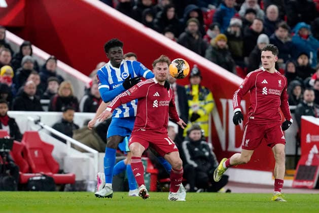 Liverpool v Brighton and Hove Albion, Liverpool, UK - 14 Feb 2026 Alexis Mac Allister of Liverpool battles for the ball with Carlos Baleba of Brighton and Hove Albion during the Emirates FA Cup match between Liverpool and Brighton and Hove Albion at Anfield, Liverpool on 14 February 2026 ( Liverpool Anfield Liverpool England Copyright: xHarryxCornish PPAUKx PPA-248709