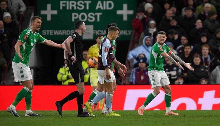 Dan Burn and Kieran Trippier of Newcastle United appeal to Referee Chris Kavanagh after he awarded a free kick and not a penalty for a hand ball by Lucas Digne of Aston Villa Aston Villa v Newcastle United, Emirates FA Cup, Fourth Round, Football, Villa Park, Birmingham, UK - 14 Feb 2026Birmingham Villa Park United Kingdom EDITORIAL USE ONLY No use with unauthorised audio, video, data, fixture lists, club league logos or live services. Online in-match use limited to 120 images, no video emulation. No use in betting, games or single club league player publications. Copyright: xAlanxWalter Shutterstockx 16608496cp