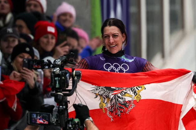 GIOCHI OLIMPICI - Olimpiadi Invernali Milano-Cortina 2026 - Skeleton Women Janine Flock (AUT) 1st place, Gold Medal during the Olympic Winter games, Winterspiele,Spiele, Summer games Milano-Cortina 2026, Skeleton Women on February 14, 2026 at Cortina Sliding Center in Cortina d Ampezzo, Italy Cortina D Ampezzo Italy  Copyright: xIPAxSport ABACAx