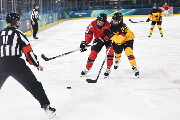 Renata Fast, CAN, and Daria Gleissner, GER, during preliminaries (CAN - GER) at 2026 Ice hockey, Eishockey Olympic Games, Olympische Spiele, Olympia, OS in Milan; 14 02 2026 - *** Renata Fast, CAN, and Daria Gleissner, GER, during preliminaries CAN GER at 2026 ice hockey olympic games in Milan 14 02 2026 