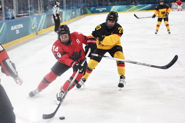 Renata Fast, CAN, and Daria Gleissner, GER, during preliminaries (CAN - GER) at 2026 Ice hockey, Eishockey Olympic Games, Olympische Spiele, Olympia, OS in Milan; 14 02 2026 - *** Renata Fast, CAN, and Daria Gleissner, GER, during preliminaries CAN GER at 2026 ice hockey olympic games in Milan 14 02 2026 