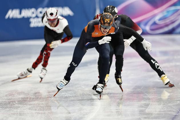 Jens van Twout, NED, during mens 1,500m final at 2026 short track Speed skating, Eisschnelllauf Olympic Games, Olympische Spiele, Olympia, OS in Milan; 14 02 2026 - *** Jens van Twout, NED, during mens 1,500m final at 2026 short track speed skating olympic games in Milan 14 02 2026 