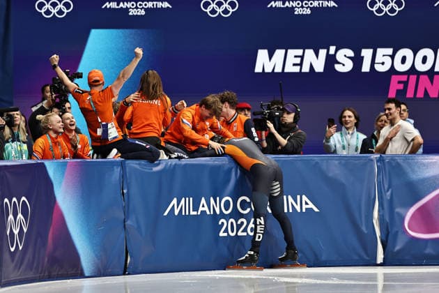 Jens van Twout, NED, after mens 1,500m final at 2026 short track Speed skating, Eisschnelllauf Olympic Games, Olympische Spiele, Olympia, OS in Milan; 14 02 2026 - *** Jens van Twout, NED, after mens 1,500m final at 2026 short track speed skating olympic games in Milan 14 02 2026 