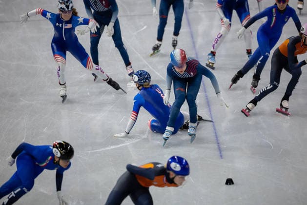 February 14, 2026, Milano, Lombardy, Italy: Corinne Stoddard (3) of the United States and Kristen Santos-Griswold (1) of the United States fall in Short Track Speed skating, Eisschnelllauf Women 3000m relay semifinals during the 2026 Winter Olympics at the Milano Ice Skating Arena on Saturday in Milano. Milano Italy - ZUMAj89_ 20260214_oly_j89_030 Copyright: xPaulxKitagakixJr.x