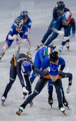 February 14, 2026, Milano, Lombardy, Italy: Michelle Velzeboer (11) of the Netherlands pushes Xandra Velzeboer (2) of the Netherlands as they leads Arianna Fontana (10) of Italy and Chiara Betti (22) of Italy in Short Track Speed skating, Eisschnelllauf Women 3000m relay semifinals during the 2026 Winter Olympics at the Milano Ice Skating Arena on Saturday in Milano. Milano Italy - ZUMAj89_ 20260214_oly_j89_033 Copyright: xPaulxKitagakixJr.x
