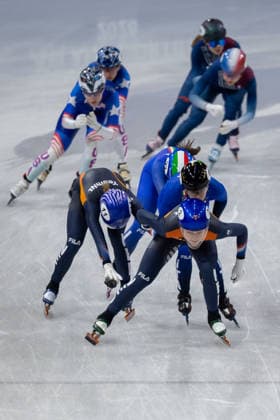 February 14, 2026, Milano, Lombardy, Italy: Michelle Velzeboer (11) of the Netherlands pushes Xandra Velzeboer (2) of the Netherlands as they leads Arianna Fontana (10) of Italy and Chiara Betti (22) of Italy in Short Track Speed skating, Eisschnelllauf Women 3000m relay semifinals during the 2026 Winter Olympics at the Milano Ice Skating Arena on Saturday in Milano. Milano Italy - ZUMAj89_ 20260214_oly_j89_034 Copyright: xPaulxKitagakixJr.x