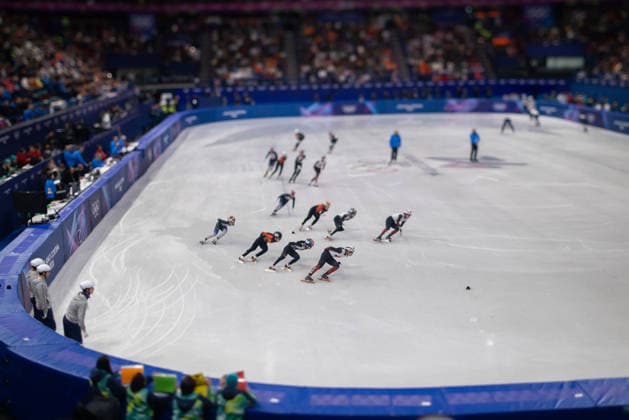 February 14, 2026, Milano, Lombardy, Italy: Team Japan, Team PeopleÃ¢â‚¬â ¢s Republic of China, Gilli Kim (6) of the Republic of Korea and Courtney Sarault (14) of Canada skate in Short Track Speed skating, Eisschnelllauf Women 3000m relay semifinals during the 2026 Winter Olympics at the Milano Ice Skating Arena on Saturday in Milano. Olympics 2026: Milano Cortina: Short Track Speed Skating Women s  - ZUMAj89_ 20260214_oly_j89_031 Copyright: xPaulxKitagakixJr.x