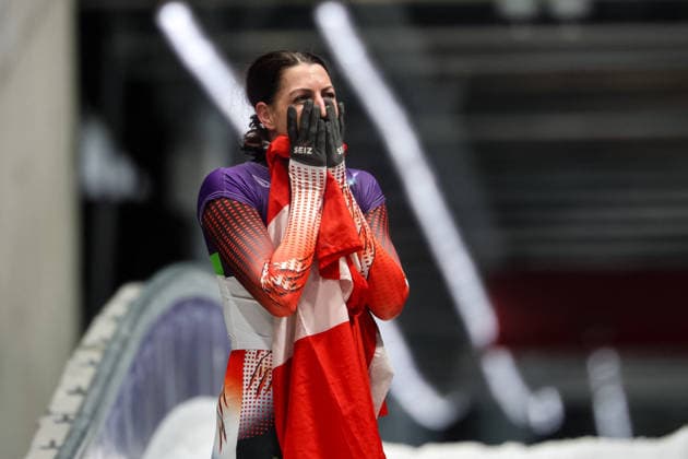 GIOCHI OLIMPICI - Olimpiadi Invernali Milano-Cortina 2026 - Skeleton Women Janine Flock (AUT) 1st place, Gold Medal during the Olympic Winter games, Winterspiele,Spiele, Summer games Milano-Cortina 2026, Skeleton Women on February 14, 2026 at Cortina Sliding Center in Cortina d Ampezzo, Italy Cortina D Ampezzo Italy  Copyright: xIPAxSport ABACAx