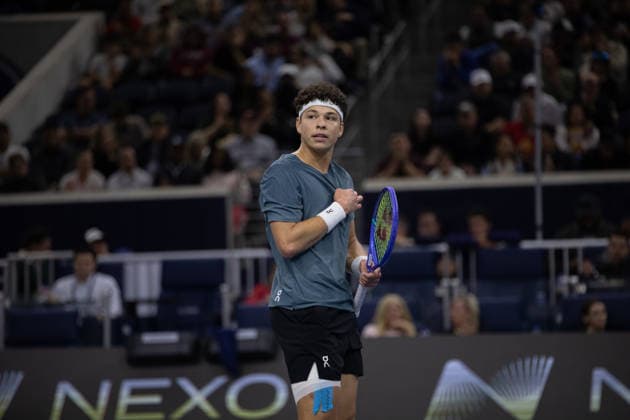 February 14, 2026, Frisco, Texas, USA: BEN SHELTON (USA) reacts during a menÃ¢â‚¬â ¢s singles semifinal match at the 2026 Nexo Dallas Open at The Ford Center at The Star in Frisco, Texas. Ben Shelton advances to the championship match after defeating Denis Shapovalov, 4:6, 6:4, 7:6. Frisco USA - ZUMAh193 20260214_zsp_h193_072 Copyright: xDanielxMcGregor-Huyerx