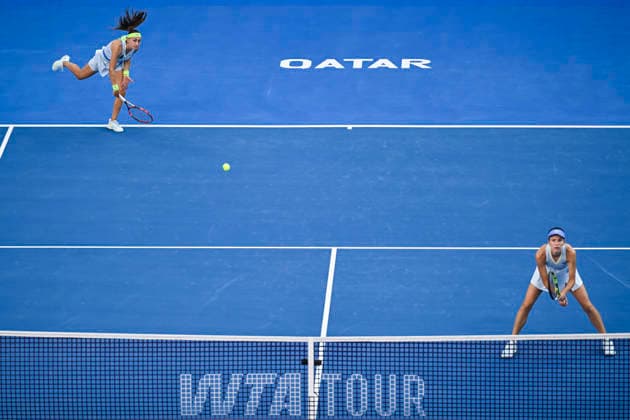 2026 Qatar TotalEnergies Open - Women s Doubles Final match in Doha, Qatar - 14 Feb 2026 Anna Danilina (R) of Kazakhstan and Aleksandra Krunic (L) of Serbia seen in action against Su-Wei Hsieh of Chinese Taipei and Jelena Ostapenko of Latvia (not in view) during their women’s doubles final match at the WTA, Tennis Damen Qatar TotalEnergies Open 2026 tennis tournament at the Khalifa International Tennis Complex. Anna Danilina Aleksandra Krunic won against Su-Wei Hsieh Jelena Ostapenko 0-6,6-4,10-8. Doha Qatar Copyright: xNoushadxVariyattiyakkalx xSOPAxImagesx NVRITYAKAL1-001