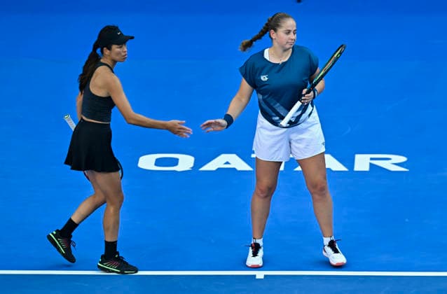 2026 Qatar TotalEnergies Open - Women s Doubles Final match in Doha, Qatar - 14 Feb 2026 Su-Wei Hsieh (L) of Chinese Taipei and Jelena Ostapenko (R) of Latvia celebrate a point against Anna Danilina of Kazakhstan and Aleksandra Krunic of Serbia (not in view) during their women’s doubles final match at the WTA, Tennis Damen Qatar TotalEnergies Open 2026 tennis tournament at the Khalifa International Tennis Complex. Anna Danilina Aleksandra Krunic won against Su-Wei Hsieh Jelena Ostapenko 0-6,6-4,10-8. Doha Qatar Copyright: xNoushadxVariyattiyakkalx xSOPAxImagesx NVRITYAKAL1-002
