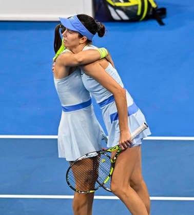 2026 Qatar TotalEnergies Open - Women s Doubles Final match in Doha, Qatar - 14 Feb 2026 Anna Danilina (R) of Kazakhstan and Aleksandra Krunic (L) of Serbia celebrate after winning against Su-Wei Hsieh of Chinese Taipei and Jelena Ostapenko of Latvia (not in view) during their women’s doubles final match at the WTA, Tennis Damen Qatar TotalEnergies Open 2026 tennis tournament at the Khalifa International Tennis Complex. Anna Danilina Aleksandra Krunic won against Su-Wei Hsieh Jelena Ostapenko 0-6,6-4,10-8. Doha Qatar Copyright: xNoushadxVariyattiyakkalx xSOPAxImagesx NVRITYAKAL1-009